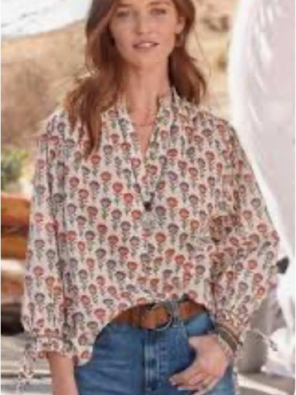 Sundance Prairie Cream Green Rust Floral Print Blouse size XL